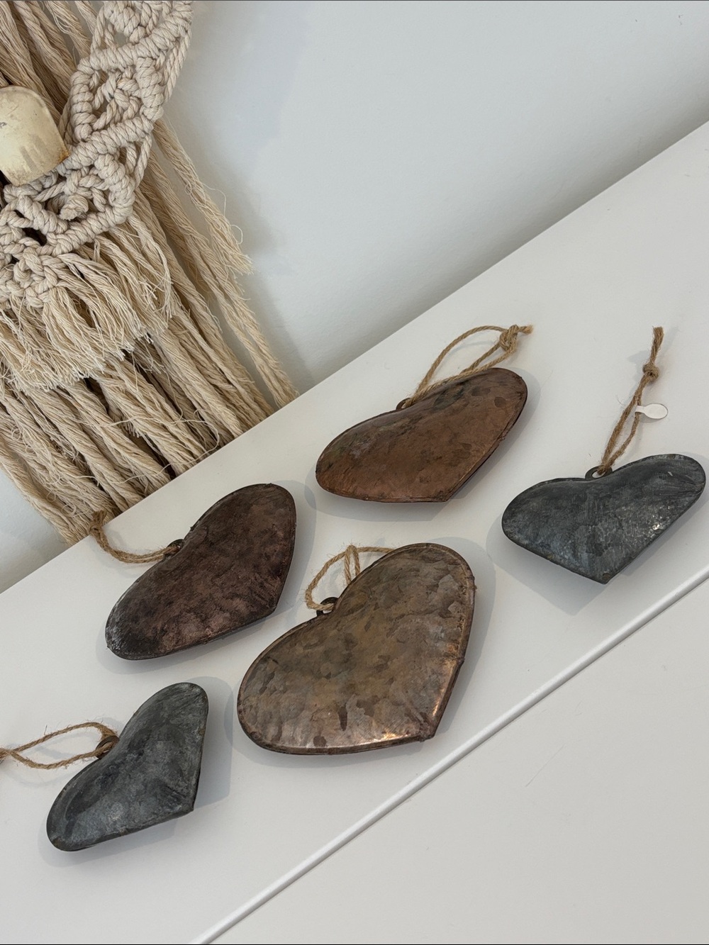 Metal Puffed hearts SET OF FIVE hanging decor ornaments copper & silver colour